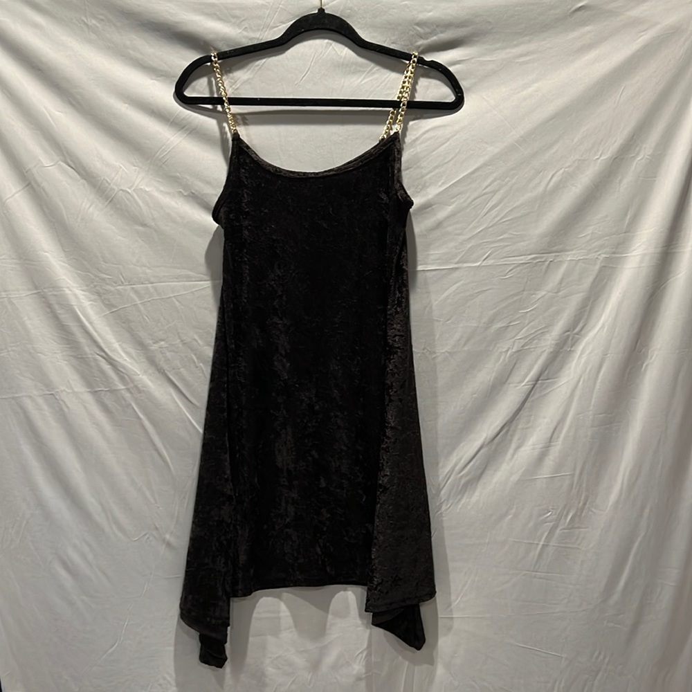 Chain-strap little black velvet(ish) dress.